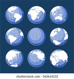 Set of nine globes showing earth with all continents. Vector illustration, EPS 10
