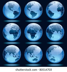 Set of nine globes showing earth with all continents.