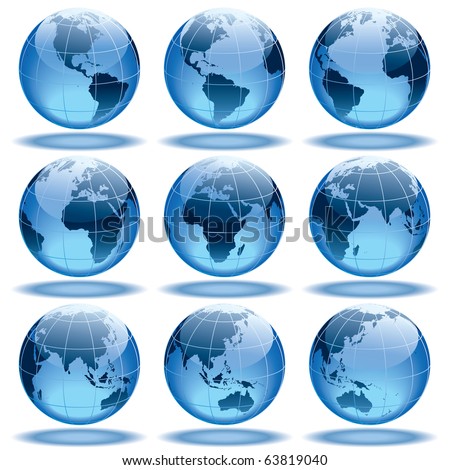 Set of nine globes showing earth with all continents.