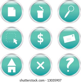 Set of nine glossy circle-shaped web buttons in green color depicting typical internet/homepage icons (vector)