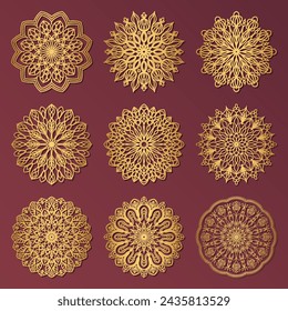 A set of nine gold mandalas on a burgundy background. Openwork ethnic patterns. Design element.