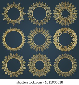 Set of nine gold round frames on blue background. Collection of round luxury vector ethnic ornaments for mirrors, paintings, title page, greeting and gift cards.