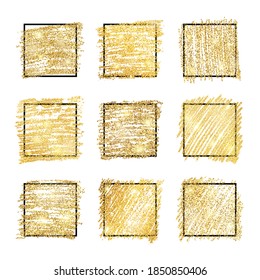 Set of nine golden paint glittering backdrops with black square frames on a white background. Background with gold sparkles and glitter effect. Empty space for your text.  Vector illustration