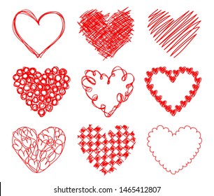 Set Of Nine Graphic Drawn Red Hearts