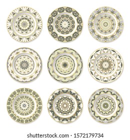 Set of nine green decorative plates with a circular pattern, top view. White background. Vector illustration.