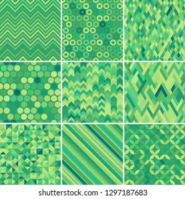 Set with nine green seamless abstract geometric pattern, vector illustration