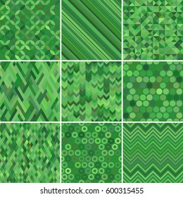 Set with nine green seamless abstract geometric pattern, vector illustration