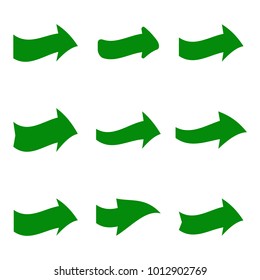 Set of nine green various arrows. Vector illustration