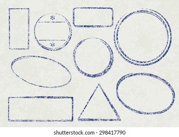 Set of nine grunge vector templates for rubber stamps on old paper background