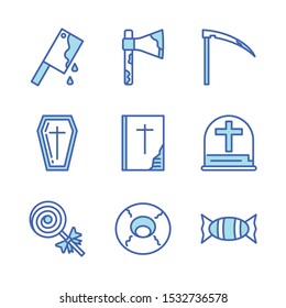 set of nine halloween duo tone blue line filled icon such icons as candy, doughnut, bloody ax, tombstone, coffin, book, and other.