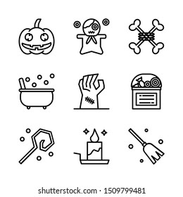 set of nine halloween line style icon such icons as pumpkin, candle, ghost hand, candy, doll, magic wand, magic broom, magic potion, and other.