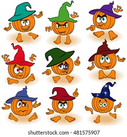 Set of nine Halloween orange pumpkins in color hats that gesticulate with hands and feet isolated on the white background, cartoon vector illustrations