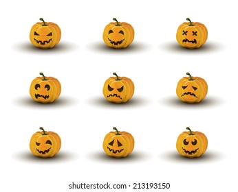 set of nine halloween pumpkin faces with emotions isolated