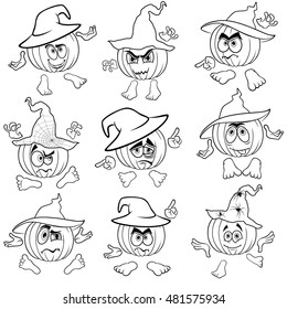 Set of nine Halloween pumpkins in hats that gesticulate with hands and feet isolated on the white background, cartoon vector outlines