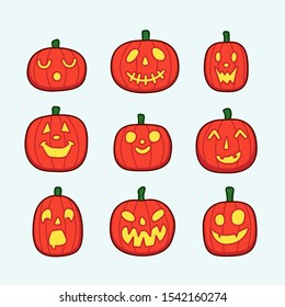 A set of nine Halloween stylized pumpkins. Pumpkin carving with different expressions: scary, stupid, cute, funny. Vector illustration.
