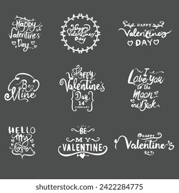 Set von neun Hand Zeichnung Valentinstag Schrift. Typografie-Plakat, Karte, Label, Banner-Design-Set. Happy Valentinstag, Seien Sie meine, ich liebe Sie zum Mond und zurück, Hallo meine Liebe, bin mein Valentin, eps10