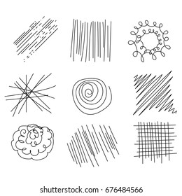 Set of nine hand drawn abstract elements including lines, circle and spiral in different textures.