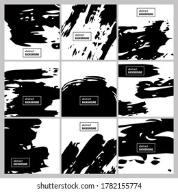 Set of nine hand drawn backgrounds with abstract brush strokes. Minimal black and white banner design. Vector illustration