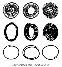 Set of Nine Hand Drawn Black Scribble Circles and Grunge Oval Frames