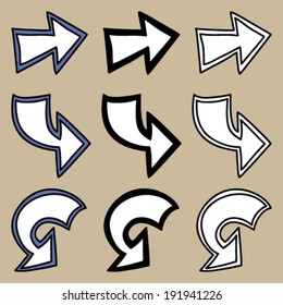 set of nine hand drawn cartoon comics arrows