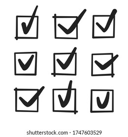 Set of nine hand drawn check marks or sketch ticks in boxes on a list. Vector illustration.