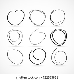 Set of nine hand drawn circles for content highlighting. Handdrawn marker circles isolated on white background. Vector illustration for your graphic design.