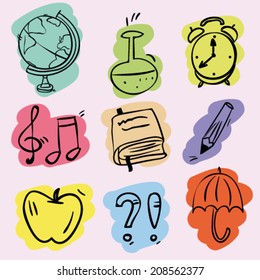 set of nine hand drawn doodle school icons, isolated design objects collection