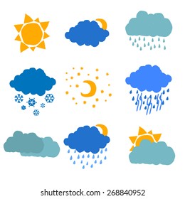 Set of nine hand drawn flat weather icons. Night, daytime, Sun, Moon, rain, clouds, snow, lightning. Vector illustration.