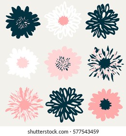 A set of nine hand drawn floral blossoms in pastel pink, white and dark blue isolated on cream background.