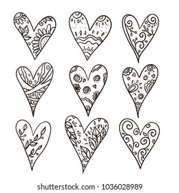 Set of nine hand drawn heart. Handdrawn rough marker hearts isolated on white background. Vector illustration for your graphic design