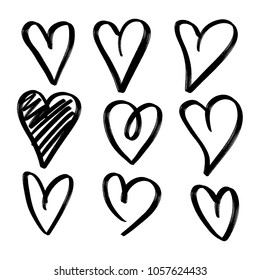 Set of nine hand drawn heart. Handdrawn rough marker hearts isolated on white background. Vector illustration for your graphic design