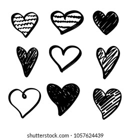 Set of nine hand drawn heart. Handdrawn rough marker hearts isolated on white background. Vector illustration for your graphic design