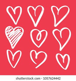 Set of nine hand drawn heart. Handdrawn rough marker hearts isolated on white background. Vector illustration for your graphic design