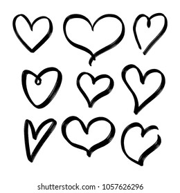 Set of nine hand drawn heart. Handdrawn rough marker hearts isolated on white background. Vector illustration for your graphic design