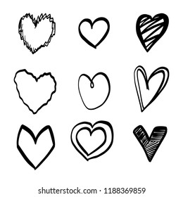 Set of nine hand drawn heart. Handdrawn rough marker hearts isolated on white background. Vector illustration for your graphic design