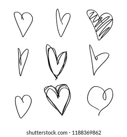 Set of nine hand drawn heart. Handdrawn rough marker hearts isolated on white background. Vector illustration for your graphic design