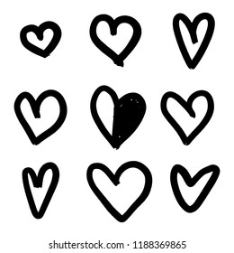 Set of nine hand drawn heart. Handdrawn rough marker hearts isolated on white background. Vector illustration for your graphic design