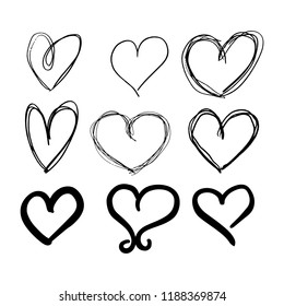 Set of nine hand drawn heart. Handdrawn rough marker hearts isolated on white background. Vector illustration for your graphic design