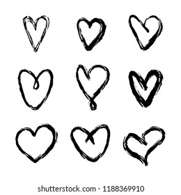 Set of nine hand drawn heart. Handdrawn rough marker hearts isolated on white background. Vector illustration for your graphic design