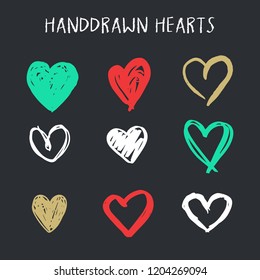 Set of nine hand drawn heart. Handdrawn rough marker hearts isolated on blank background. Vector illustration for your graphic design