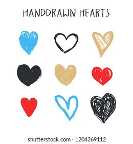Set of nine hand drawn heart. Handdrawn rough marker hearts isolated on blank background. Vector illustration for your graphic design