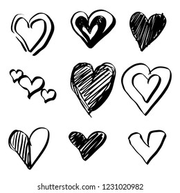 Set of nine hand drawn heart. Handdrawn rough marker hearts isolated on white background. Vector illustration for your graphic design
