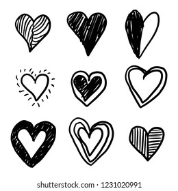 Set of nine hand drawn heart. Handdrawn rough marker hearts isolated on white background. Vector illustration for your graphic design
