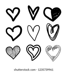 Set of nine hand drawn heart. Handdrawn rough marker hearts isolated on white background. Vector illustration for your graphic design