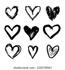 Set of nine hand drawn heart. Handdrawn rough marker hearts isolated on white background. Vector illustration for your graphic design