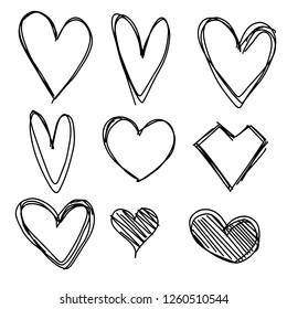 Set of nine hand drawn heart. Handdrawn rough marker hearts isolated on white background. Vector illustration for your graphic design