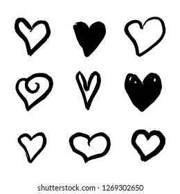 Set of nine hand drawn heart. Handdrawn rough marker hearts isolated on white background. Vector illustration for your graphic design
