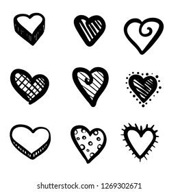 Set of nine hand drawn heart. Handdrawn rough marker hearts isolated on white background. Vector illustration for your graphic design
