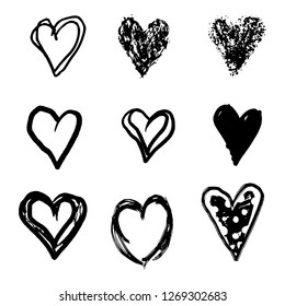 Set of nine hand drawn heart. Handdrawn rough marker hearts isolated on white background. Vector illustration for your graphic design
