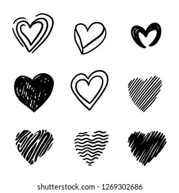 Set of nine hand drawn heart. Handdrawn rough marker hearts isolated on white background. Vector illustration for your graphic design

